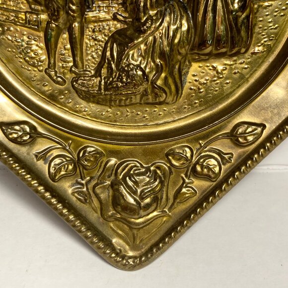 Vintage Victorian Couple Scene Brass Wall Hanging Art Plaque Elpec England Roses - Picture 7 of 11